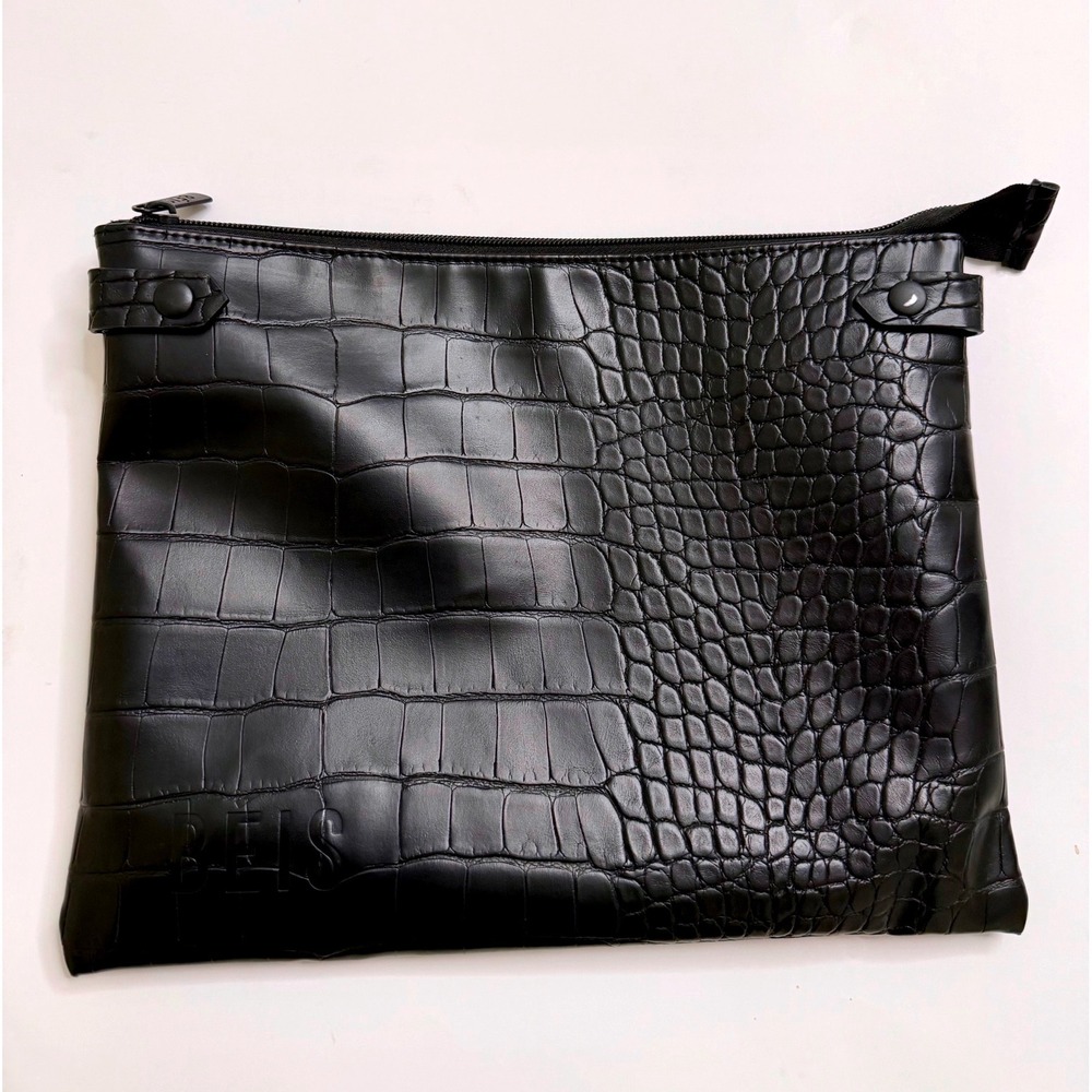 BEIS Cosmetic Pouch Women OS Black Good Croc Embossed Faux Leather Zip Clutch